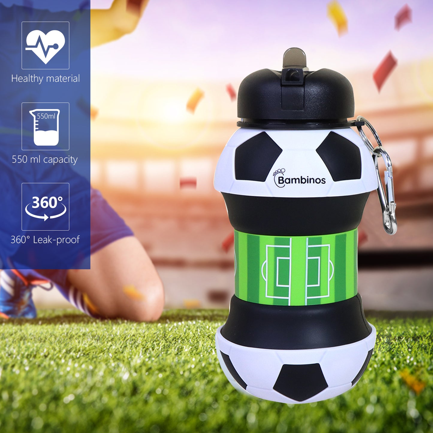 Bambinos Kids Football Water Bottle Silicone Collapsible BPA-FREE