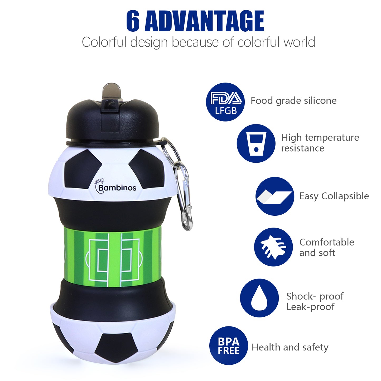 Bambinos Kids Football Water Bottle Silicone Collapsible BPA-FREE