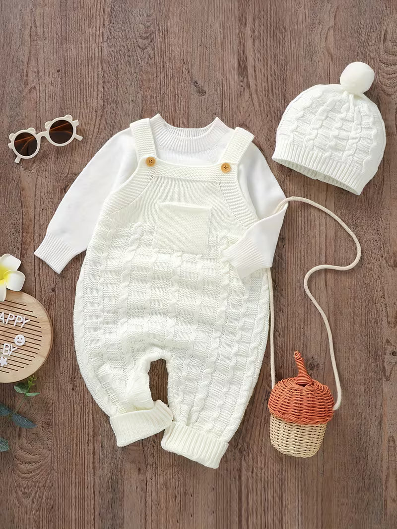 2pcs baby outfit set knit jumpsuit leggings and hat – front view