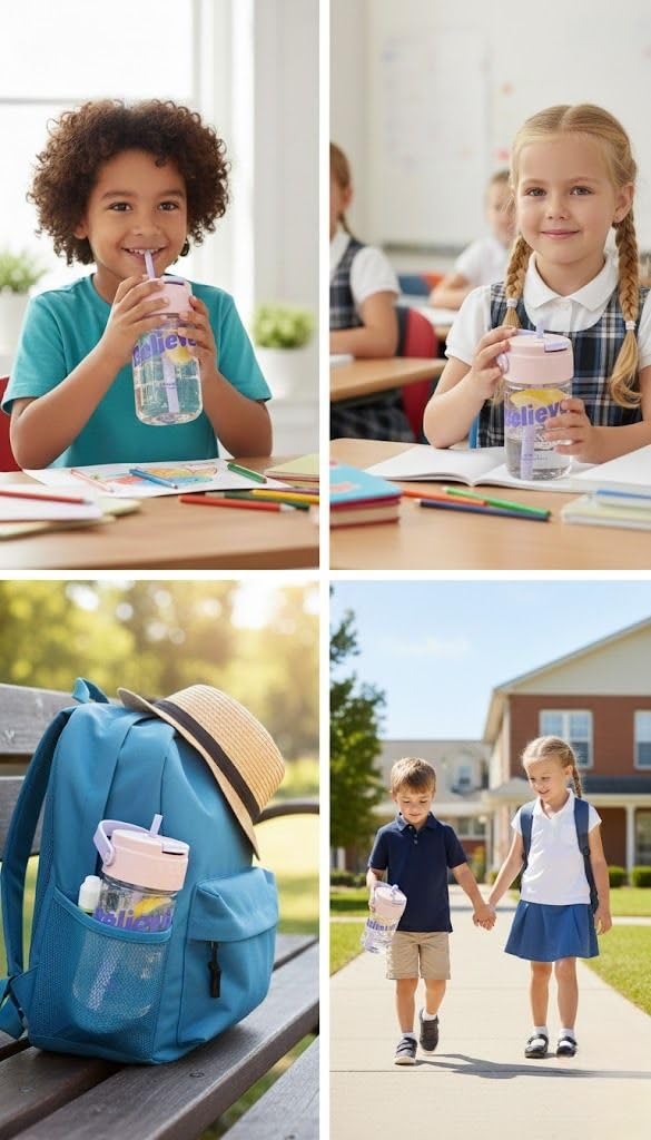 600ml Kids Water Bottle-BPA Free, Motivational Canteen With Time Marking, Leakproof Large Sport Drink Bottle