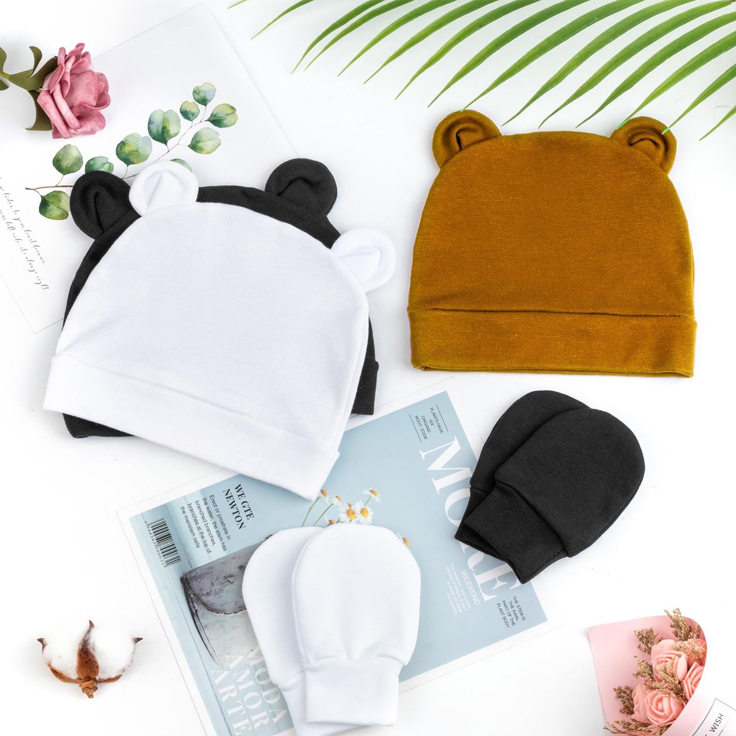 4 Set Baby Beanie Hat + Gloves (0-6 Months)