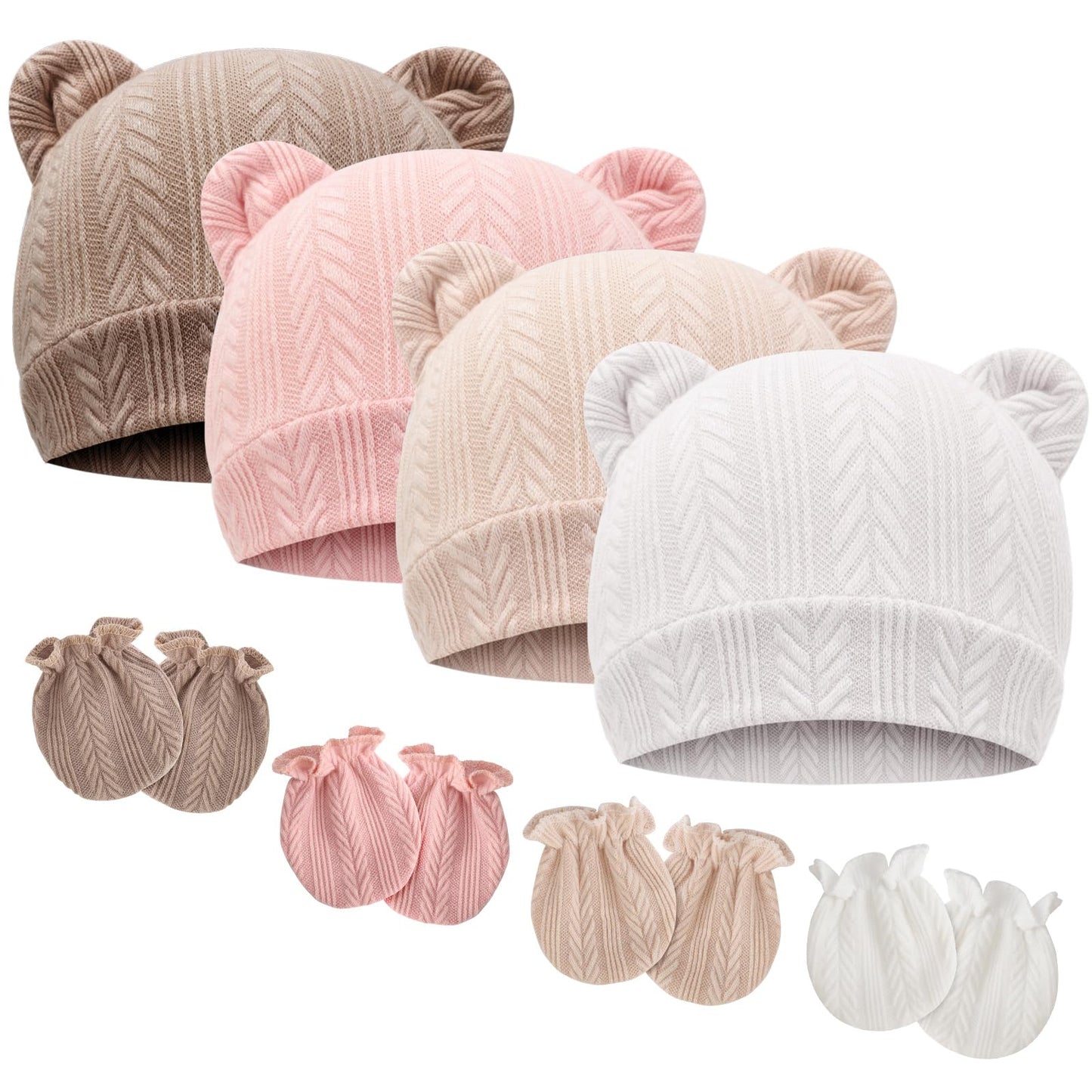 4 Set Baby Beanie Hat + Gloves (0-6 Months)