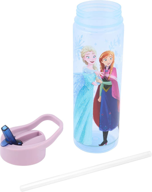 Disney Frozen Sparkle Water Bottle with Straw – Reusable Kids 600ml  – for School Nursery Sports Picnic, Multi Colour