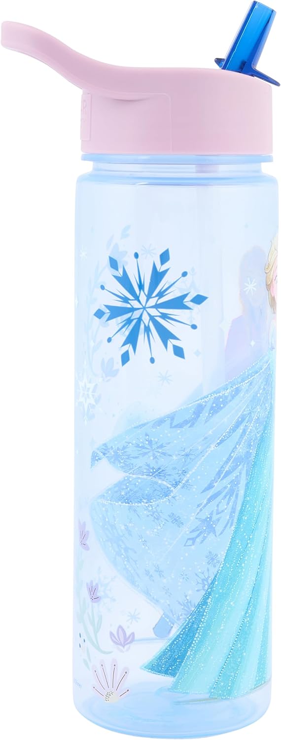 Disney Frozen Sparkle Water Bottle with Straw – Reusable Kids 600ml  – for School Nursery Sports Picnic, Multi Colour