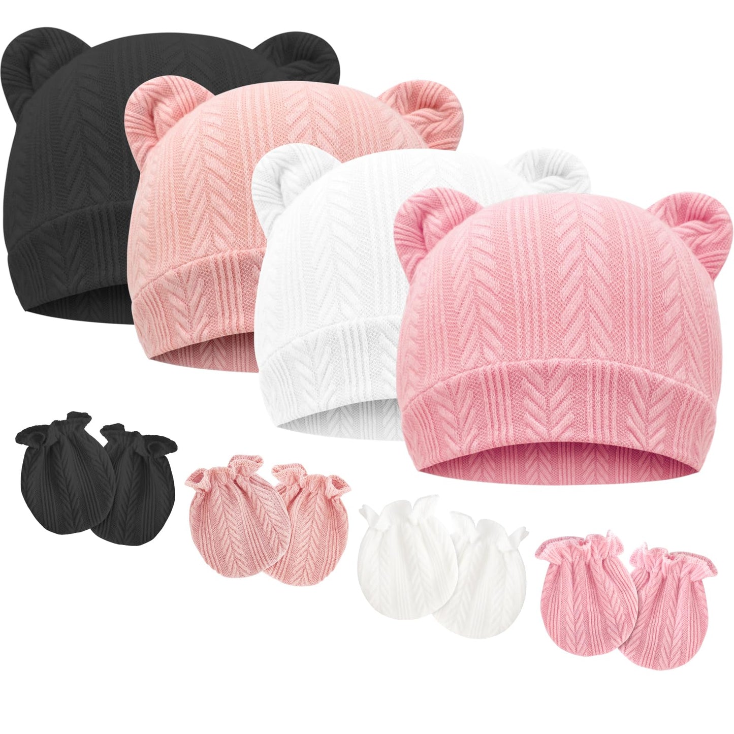 4 Set Baby Beanie Hat + Gloves (0-6 Months)