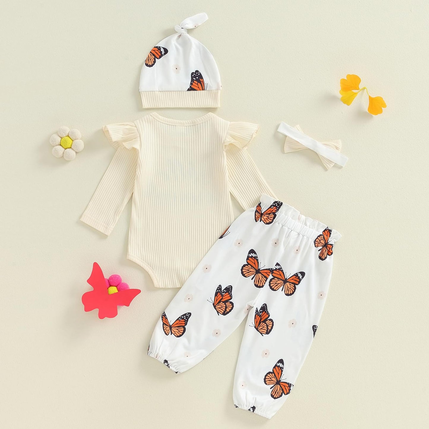 4pcs Outfits Set Long Sleeve Romper Top Bow Print Trousers Hat Headband