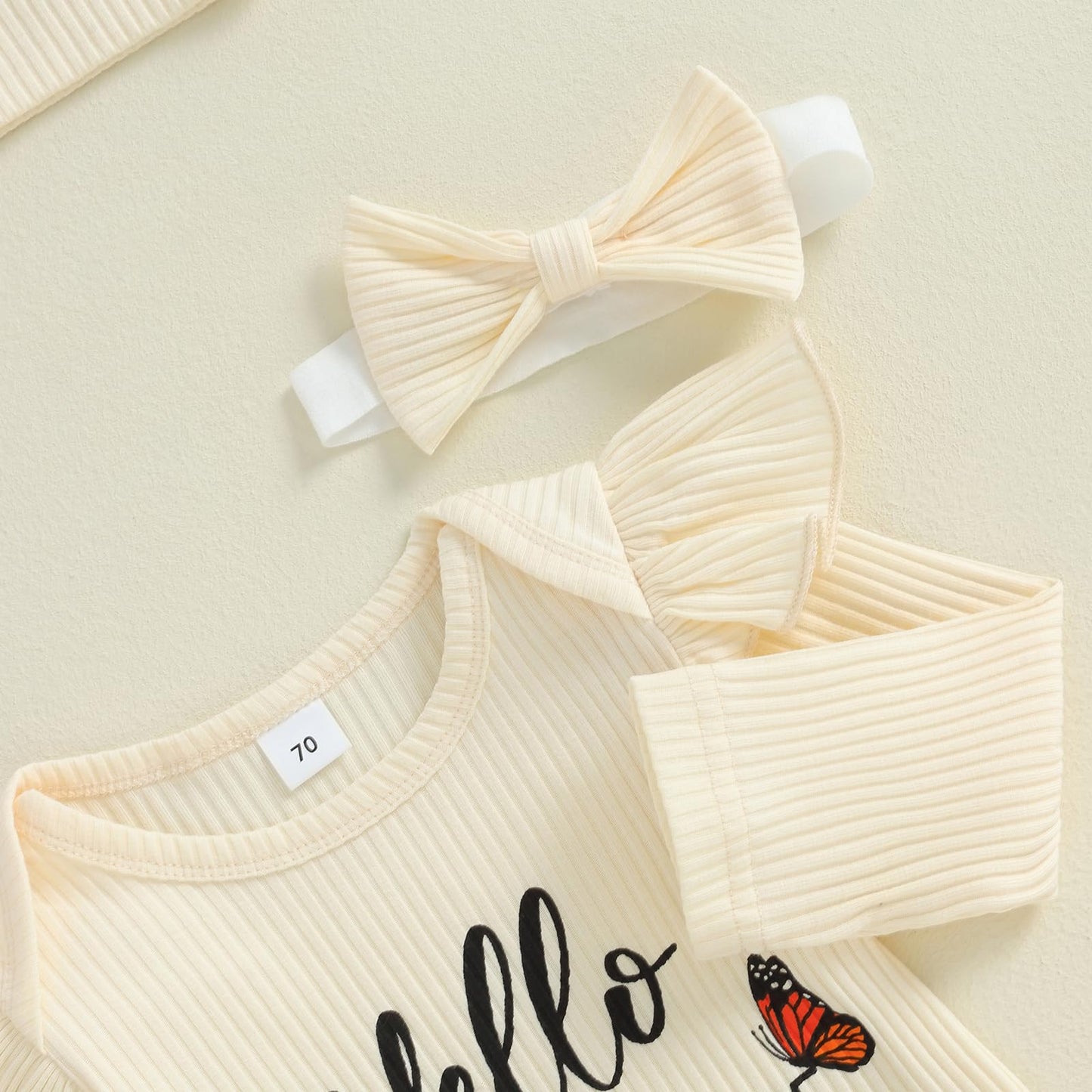 4pcs Outfits Set Long Sleeve Romper Top Bow Print Trousers Hat Headband