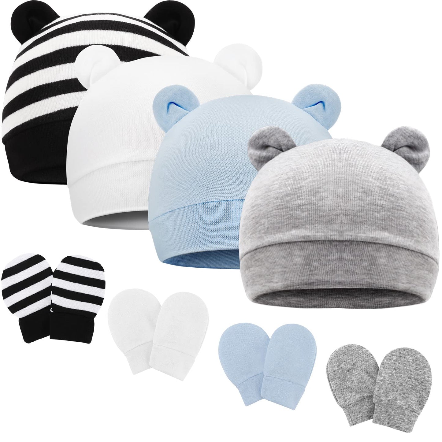 4 Set Baby Beanie Hat + Gloves (0-6 Months)