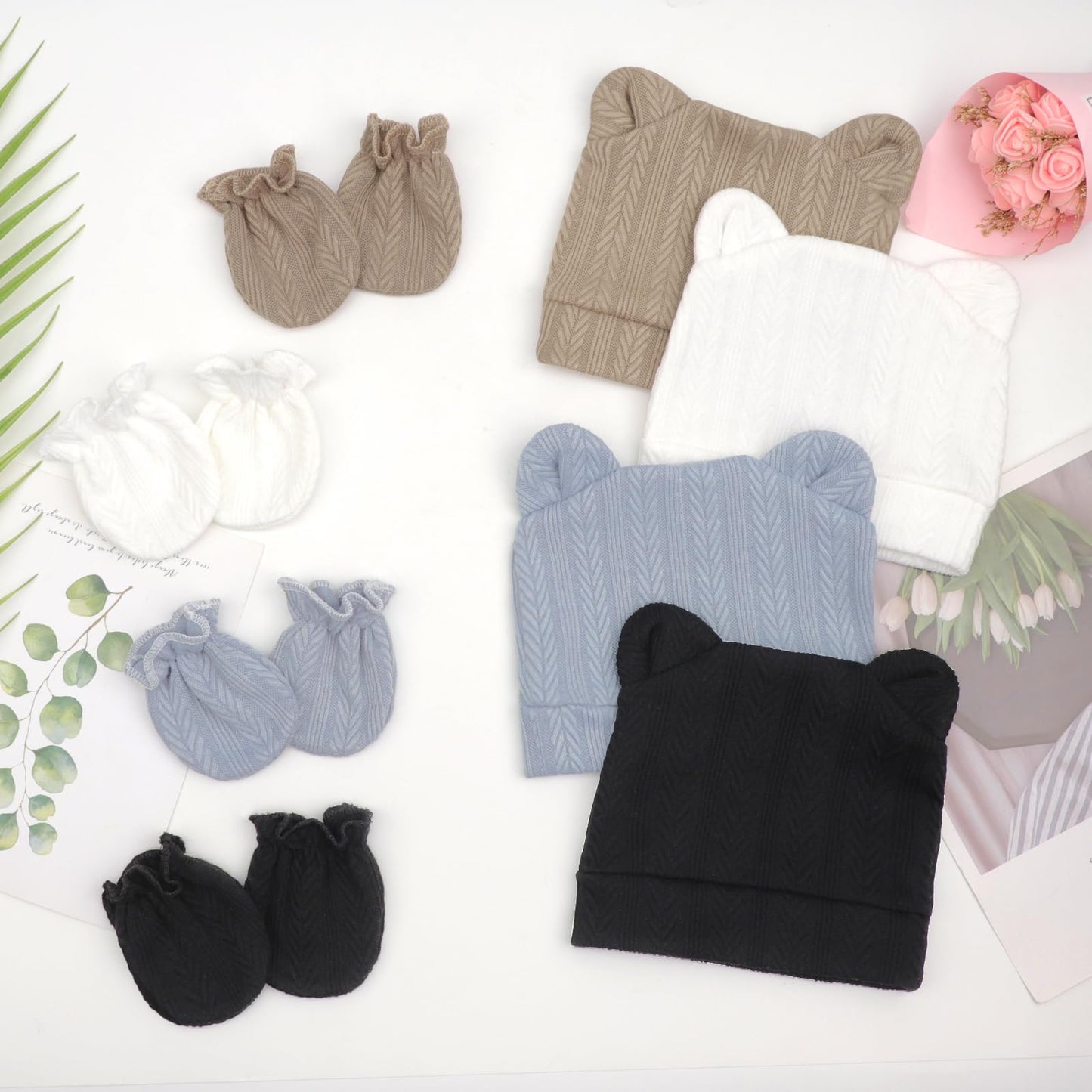 4 Set Baby Beanie Hat + Gloves (0-6 Months)