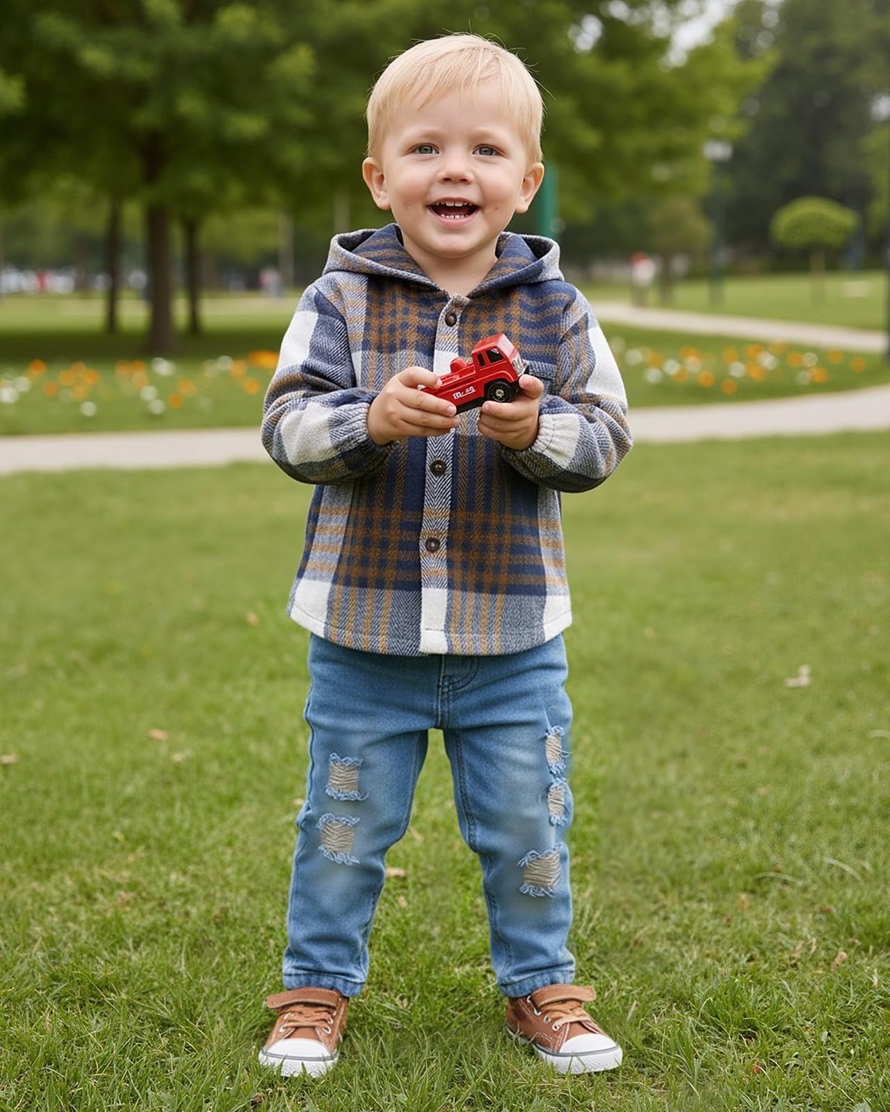 Boys Outfits Infant Long Sleeve Hoodies Plaid Tops Denim