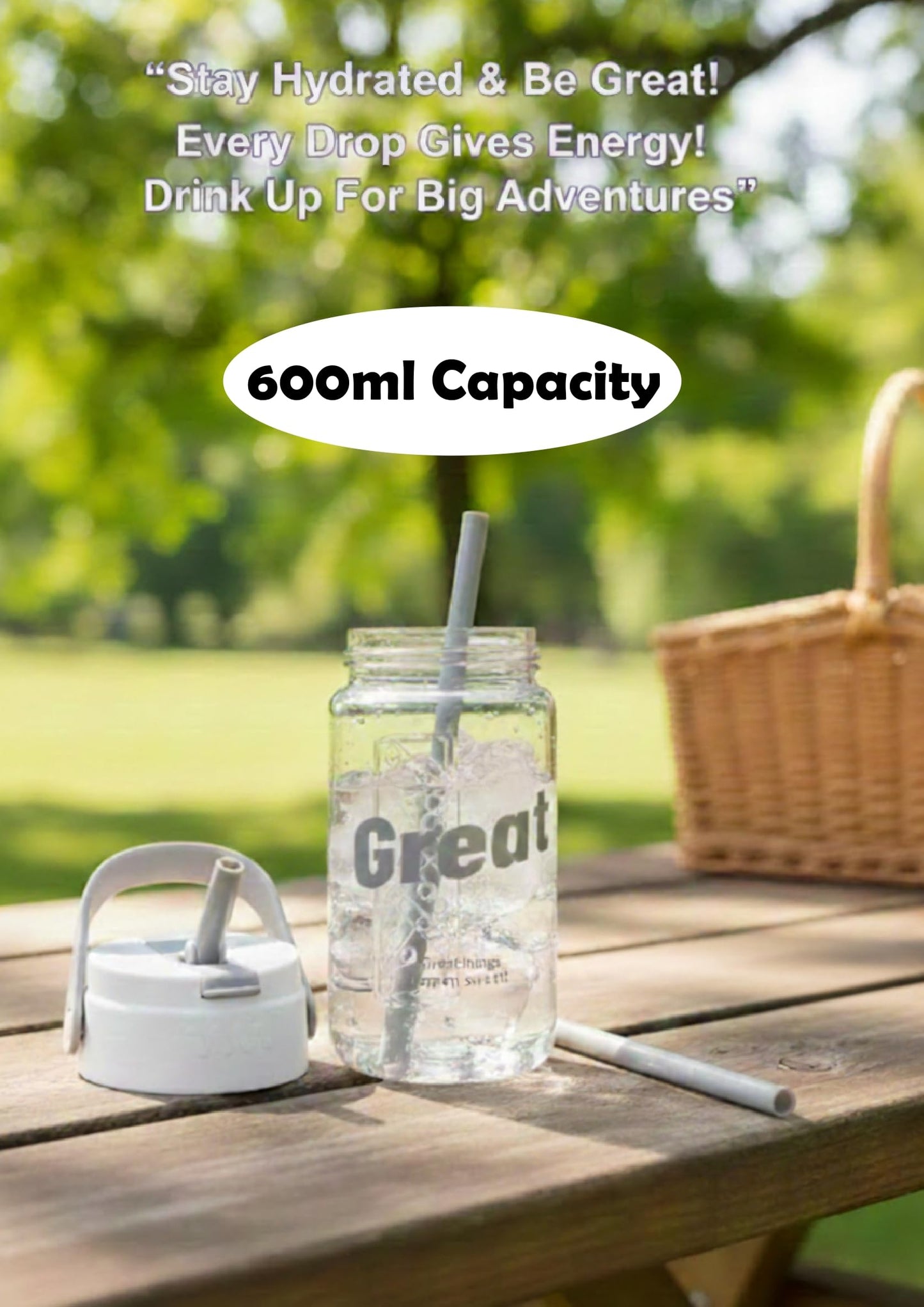 600ml Kids Water Bottle-BPA Free, Motivational Canteen With Time Marking, Leakproof Large Sport Drink Bottle