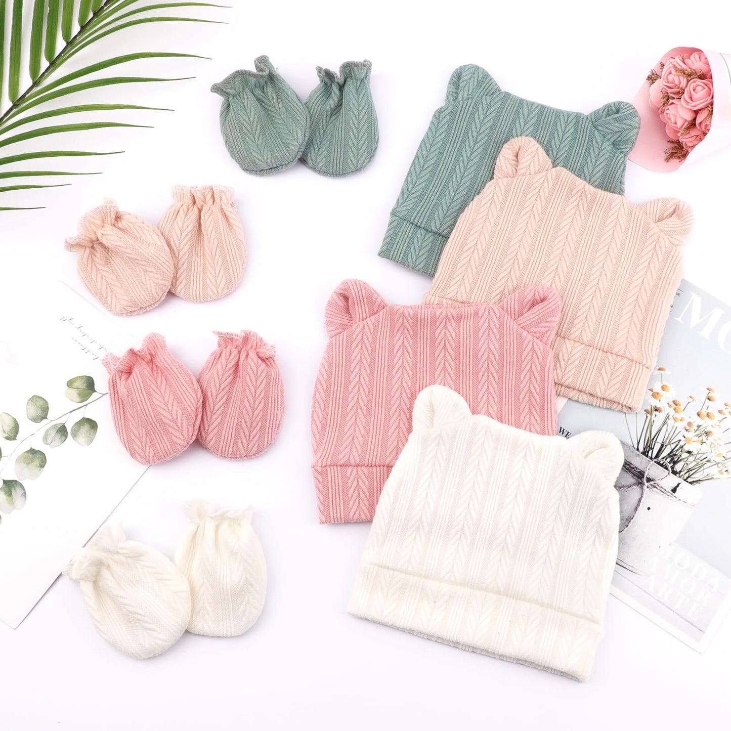 4 Set Baby Beanie Hat + Gloves (0-6 Months)