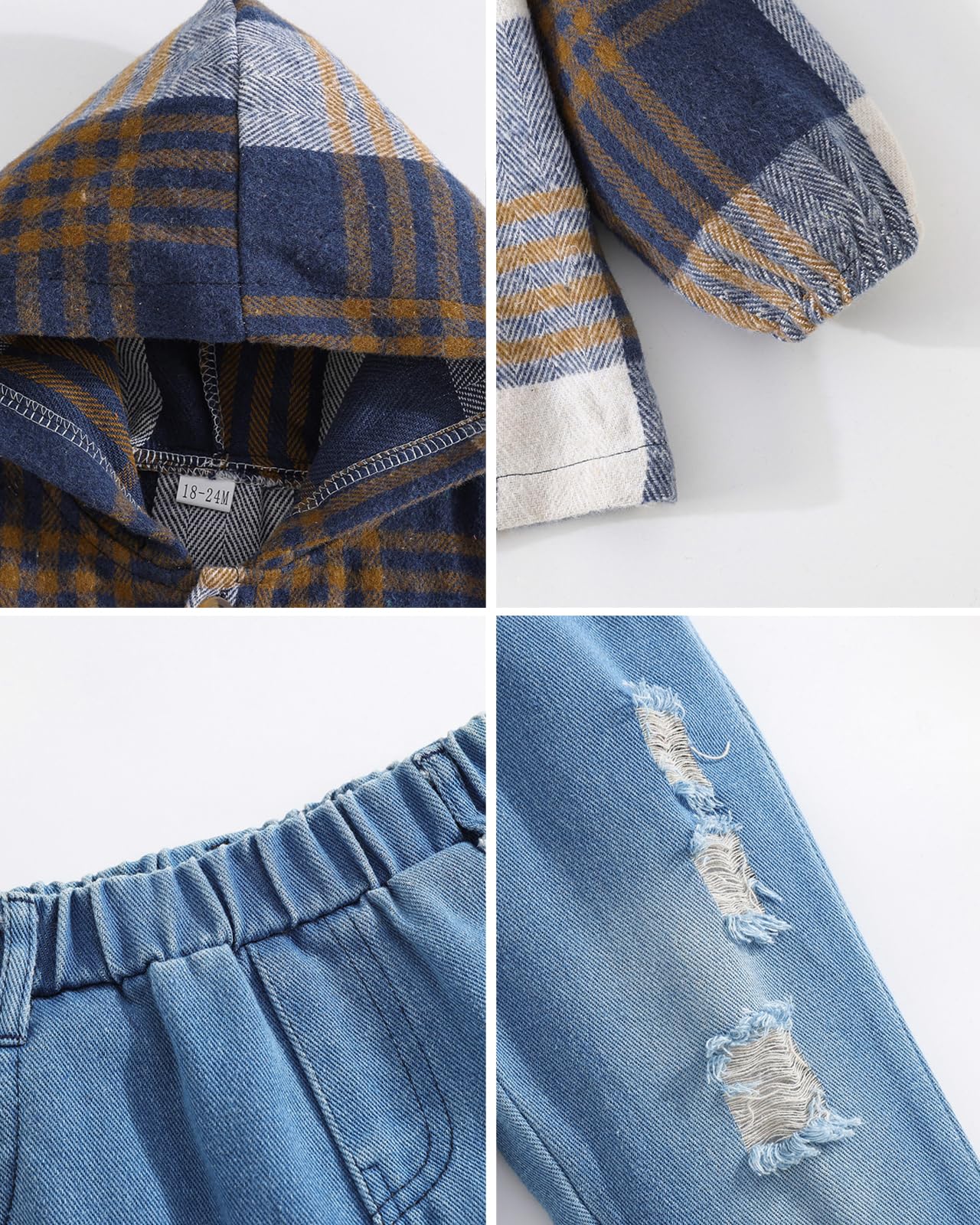 Boys Outfits Infant Long Sleeve Hoodies Plaid Tops Denim