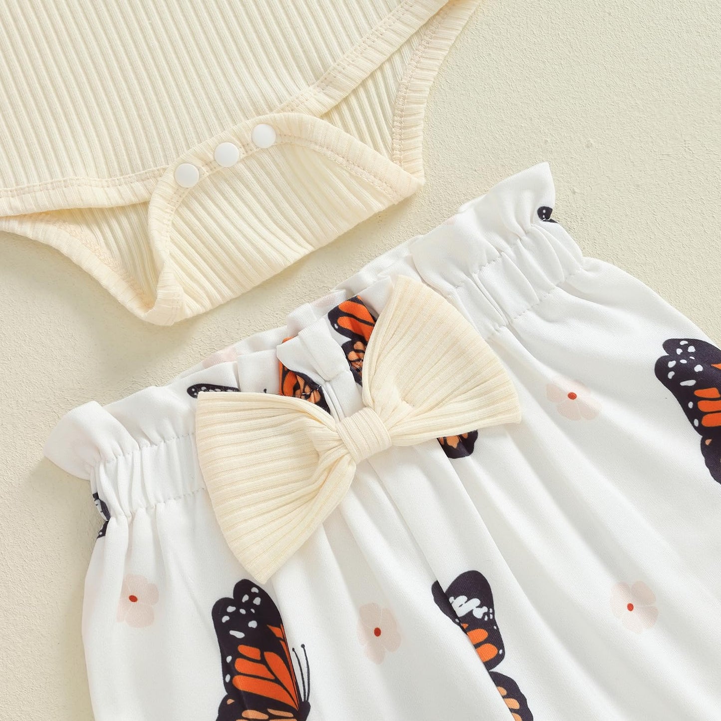 4pcs Outfits Set Long Sleeve Romper Top Bow Print Trousers Hat Headband