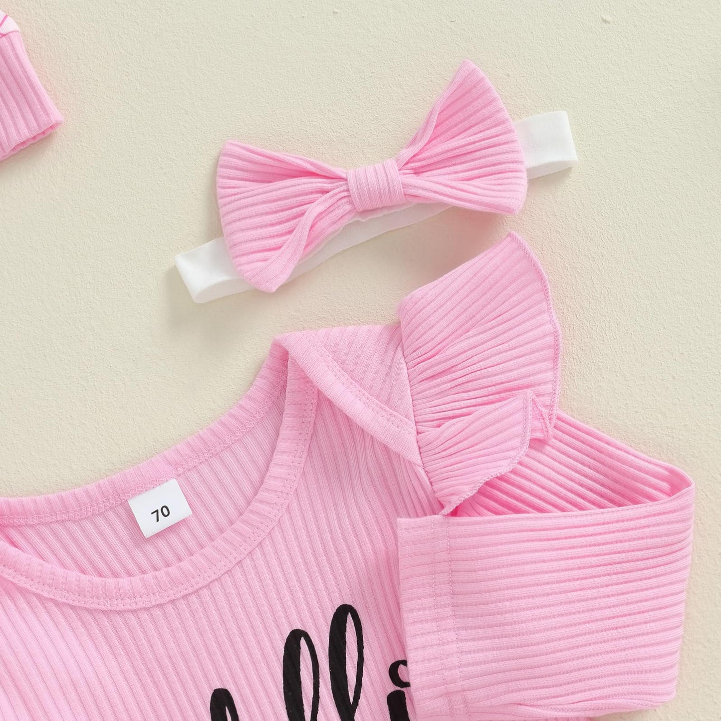 4pcs Outfits Set Long Sleeve Romper Top Bow Print Trousers Hat Headband