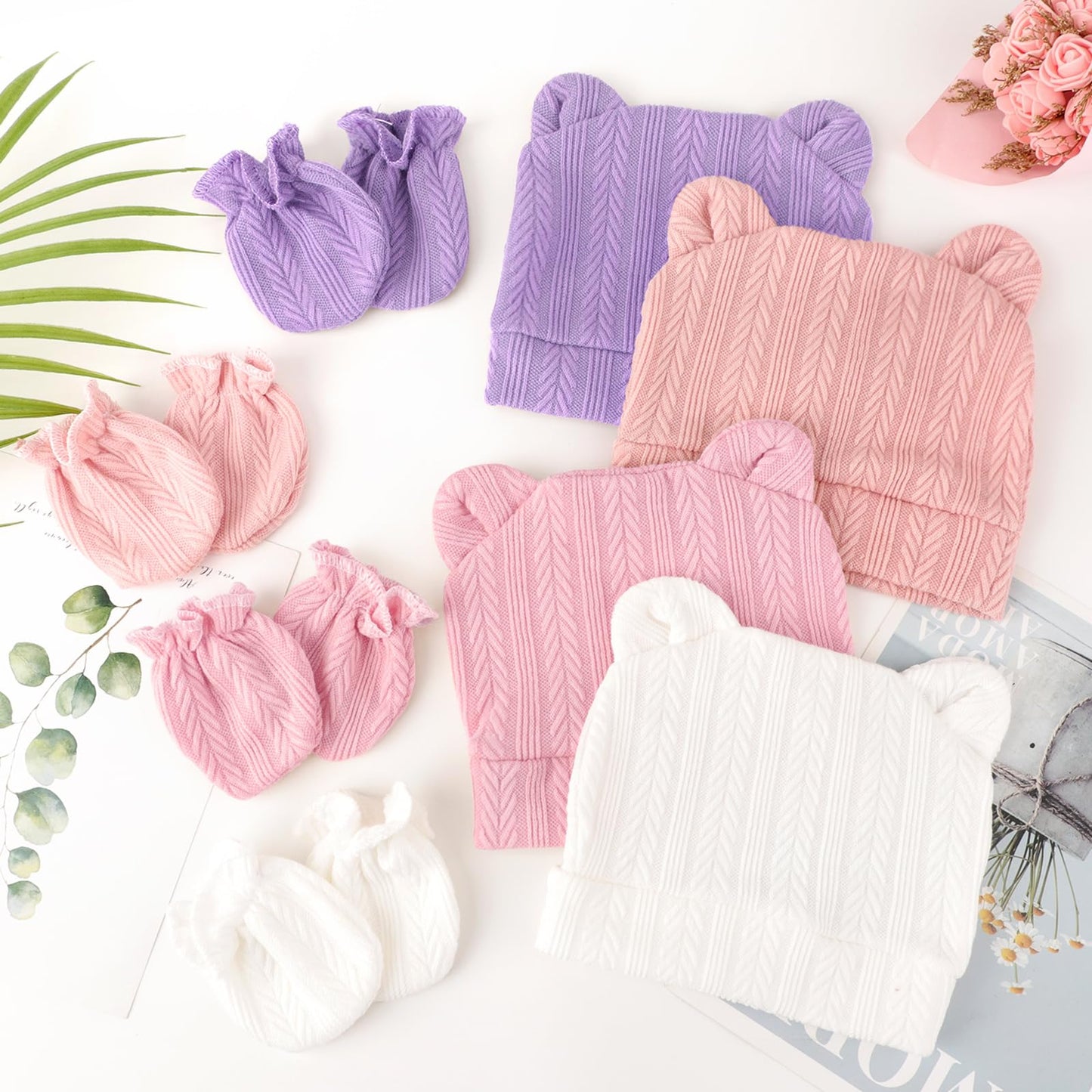 4 Set Baby Beanie Hat + Gloves (0-6 Months)
