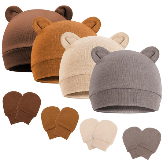 4 Set Baby Beanie Hat + Gloves (0-6 Months)
