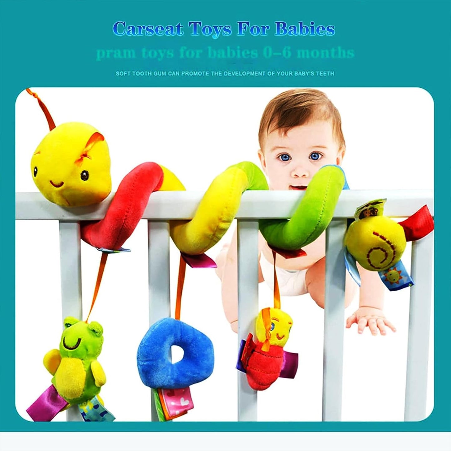 Colorful car seat toys hanging from a baby's crib with a baby looking at them.