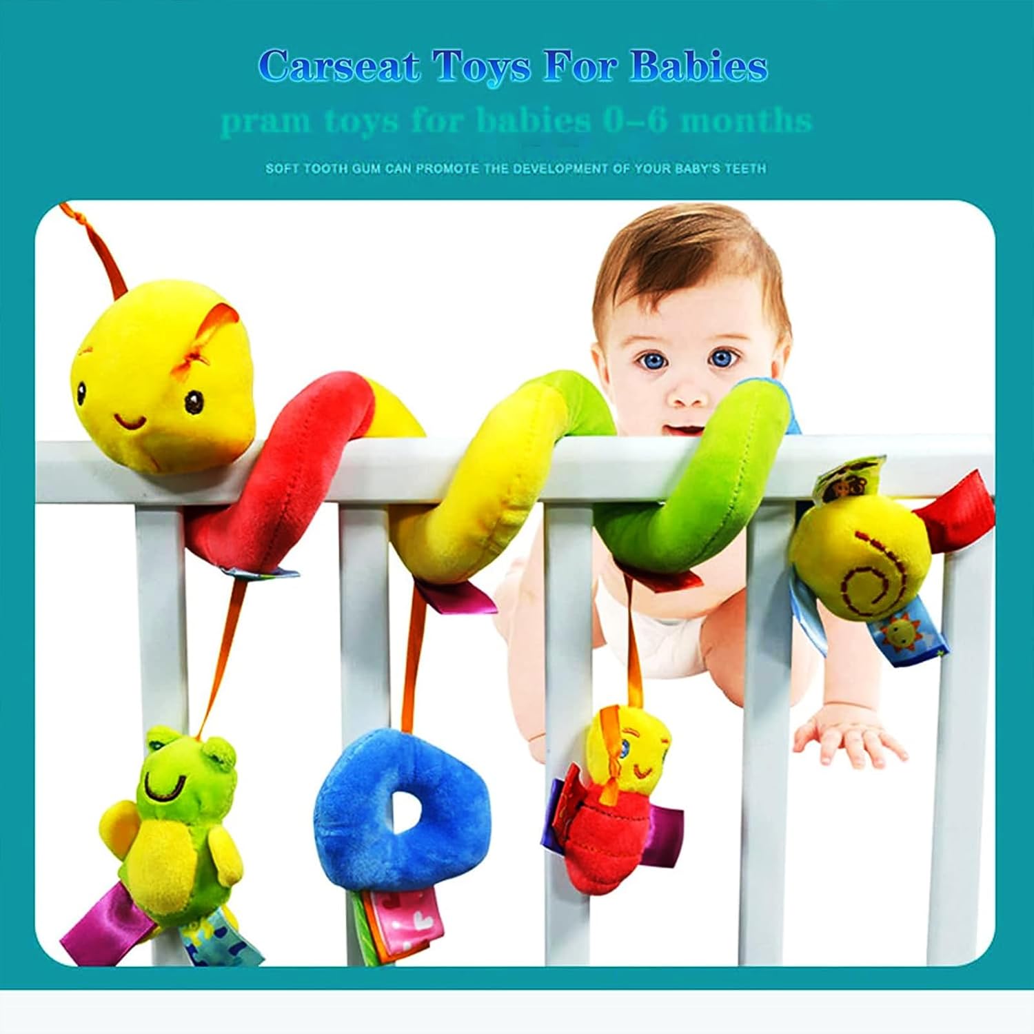 Colorful car seat toys hanging from a baby's crib with a baby looking at them.