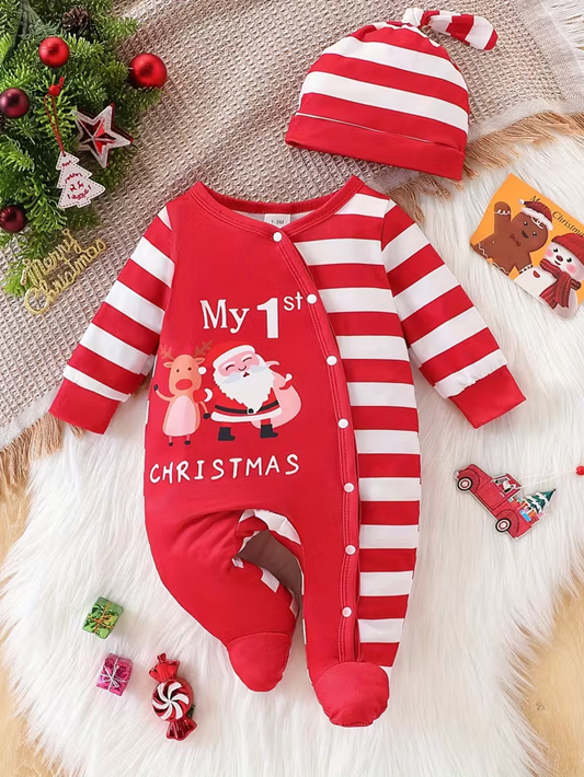 Long-Sleeve Christmas Bodysuit with Santa & Reindeer Print – Baby Romper for Newborns & Infants