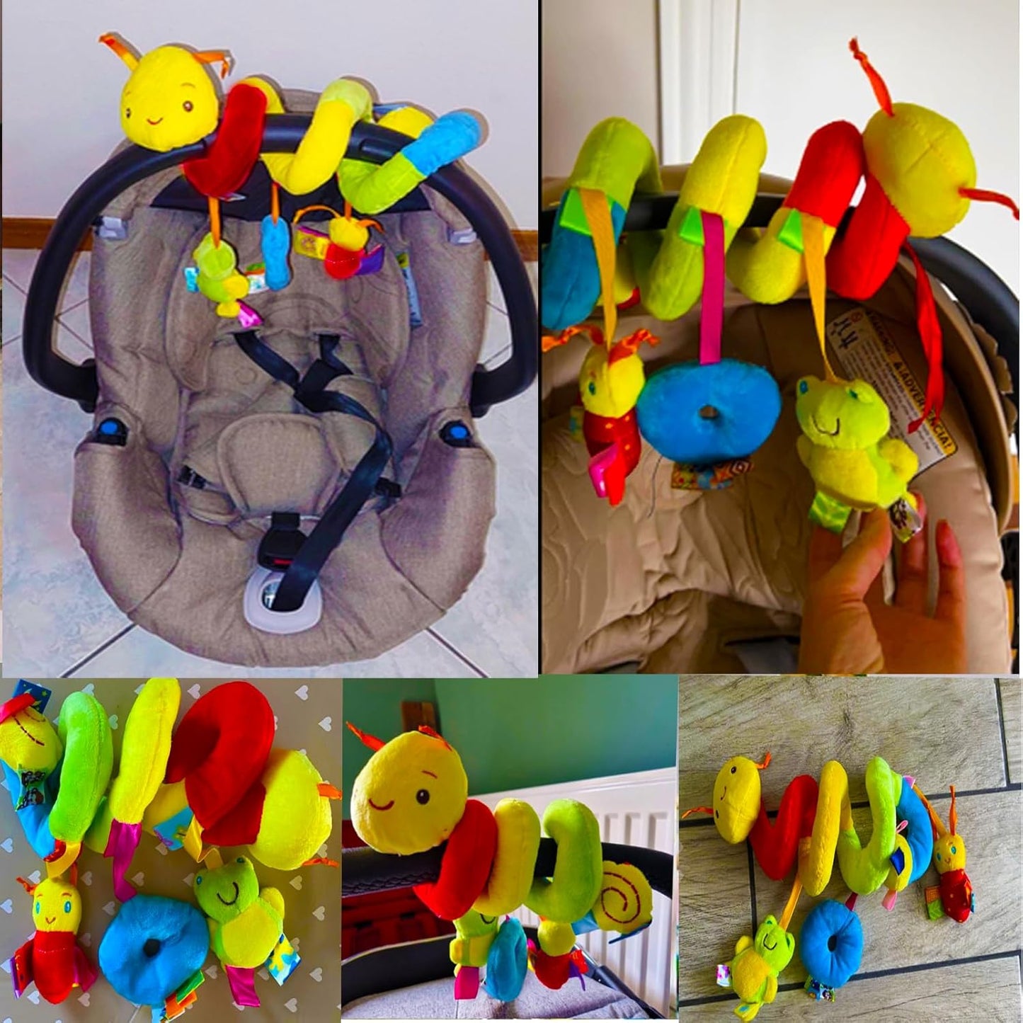 Colorful baby toy with caterpillar design attached to a car seat.