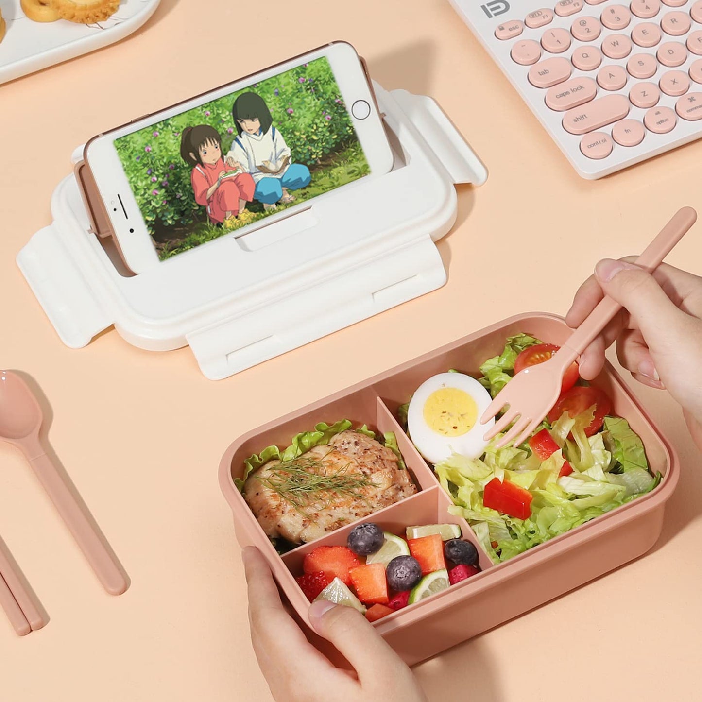Stackable bento box with detachable lid and utensils