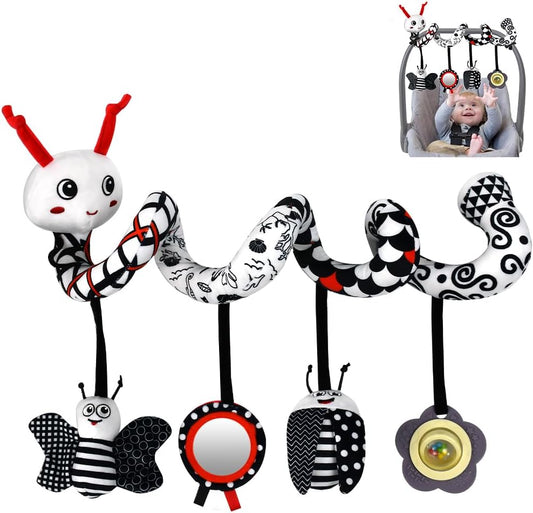 Baby car seat activity center with colorful designs and a baby in the background