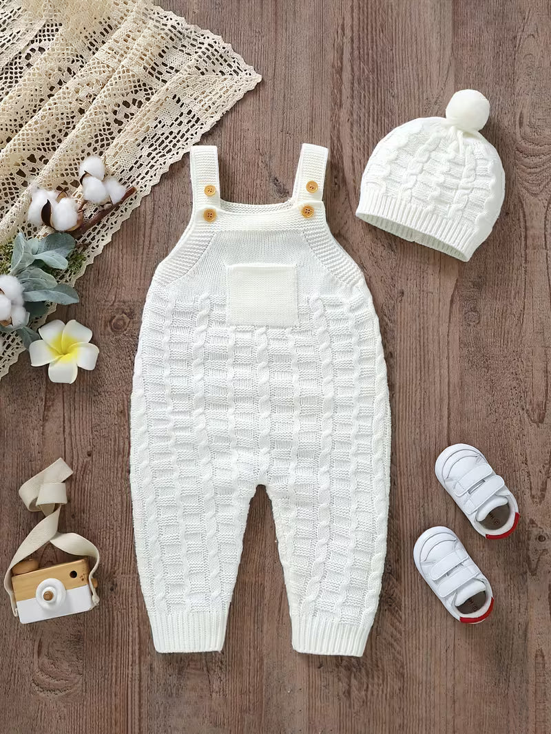 baby clothes knit jumpsuit and matching hat detail