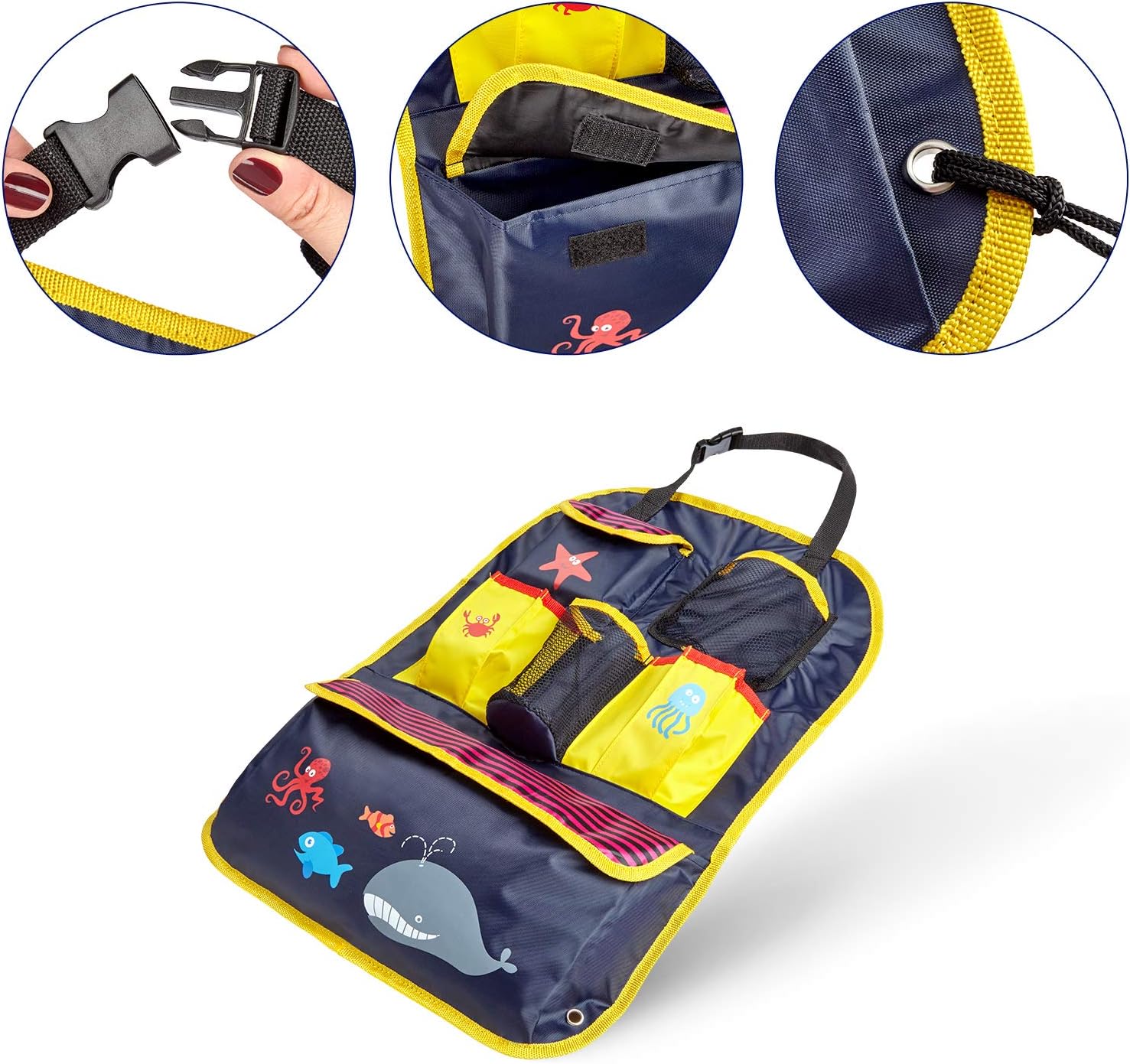 bright back seat organiser storing toys and tablet in car