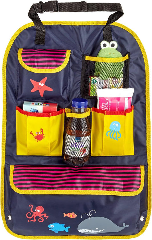 Multicolored car organizer with animal-themed pockets and items inside.