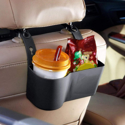 universal car headrest cup holder with drink and snack tray installed