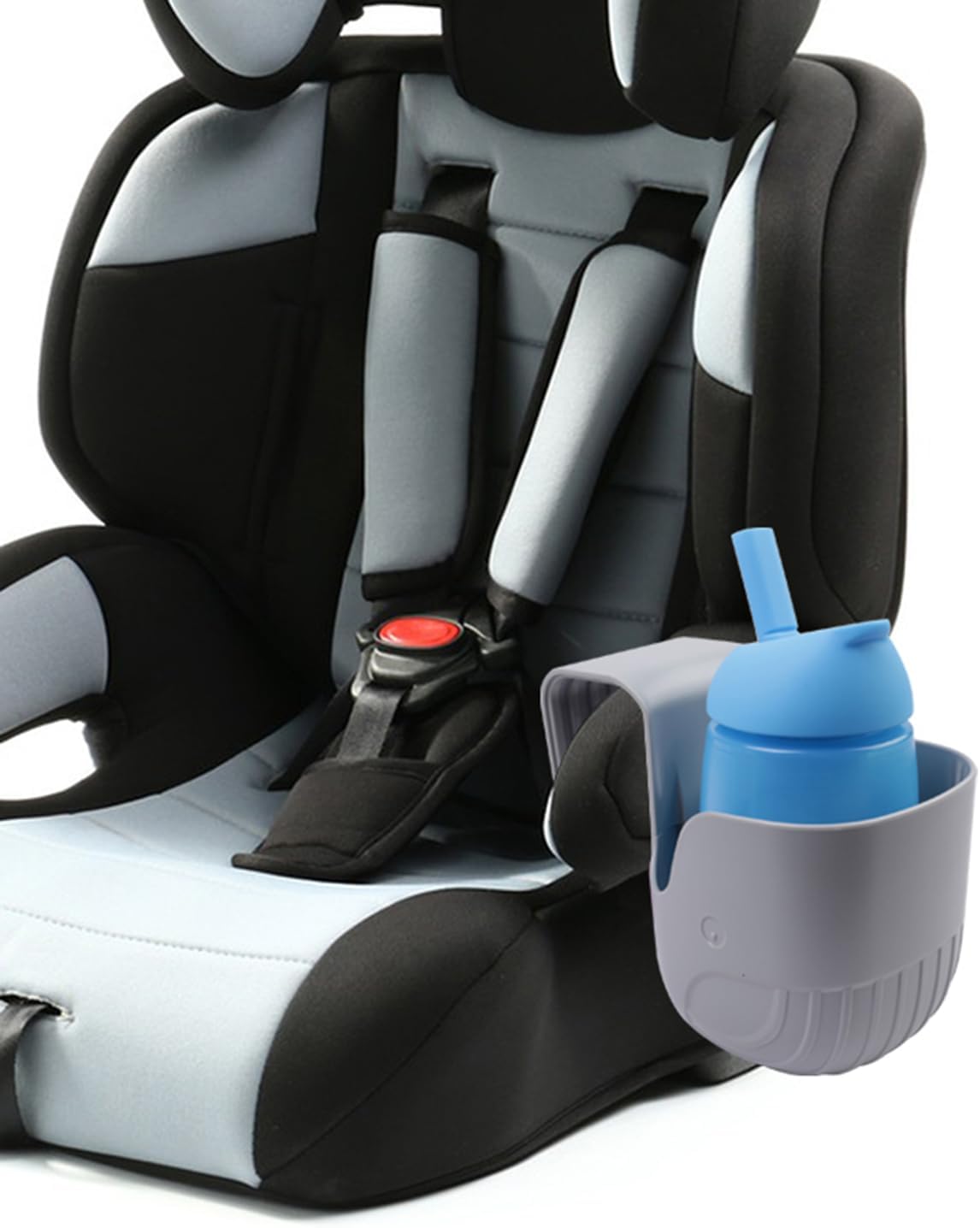 Child car seat with cup holder and blue sippy cup on a white background