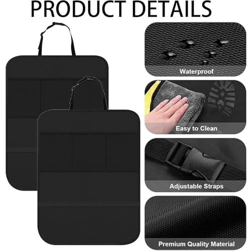 Black car seat cover with waterproof, easy to clean, adjustable straps, and premium quality material features.