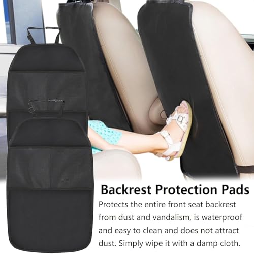 Black backrest protection pads on car seats with a person sitting inside, text describing product features.